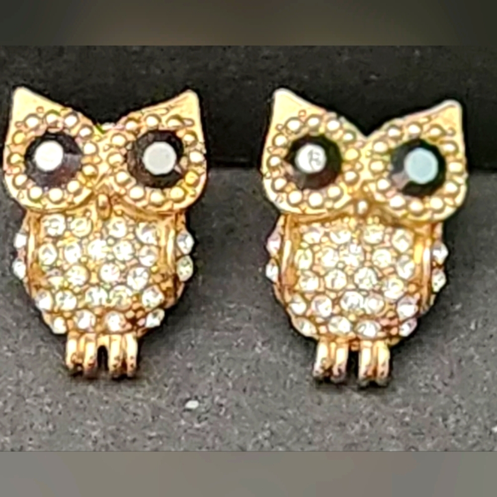 Sparkly Owl Pierced Earrings Rhinestones Stud Back
